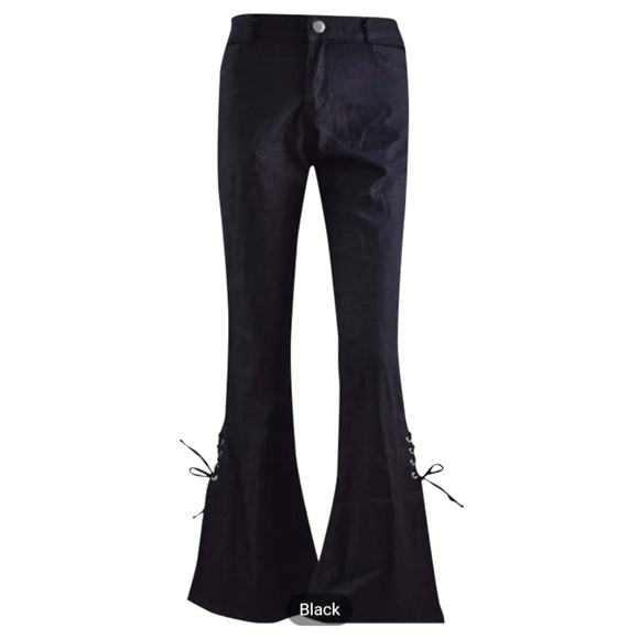 Women's Black Bell Bottom Stretchy Jeans with Lace-Up Bottoms - Picture 3 of 5